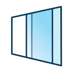 A stylized illustration of a window with four panels resembles the sleek look of sliding door track repair. The panels are shaded in gradients of blue, becoming lighter from left to right. A dark blue frame and thin separating lines create a modern, minimalistic appearance.