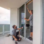 Two men are working on sliding door repair on a balcony overlooking the ocean. One stands pointing at the door frame, while the other kneels with a tool. The weather is cloudy, and tools are scattered on the floor nearby, capturing a scene of careful craftsmanship by the best in sliding door repair.