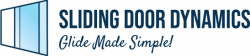 Logo for Sliding Door Dynamics featuring a stylized open sliding door on the left with gradient blue panels. The text reads SLIDING DOOR DYNAMICS in bold blue letters, with the tagline Glide Made Simple! in italicized blue script below—perfect for those seeking sliding door repair expertise.