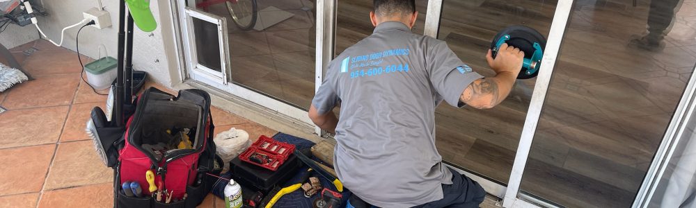 A technician in a gray shirt is expertly handling a patio door repair using a blue suction cup tool. Nearby, a tool bag, vacuum, and various tools are scattered on the tile floor. A navy mat is underneath him, and through the open door, a dining table is visible inside the home.