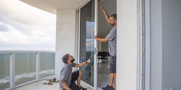 Two men are busy with a sliding door repair on a high-rise balcony overlooking the ocean. One kneels, working on the door, while the other stands, pointing at the doorframe. Tools and materials are scattered nearby, all set against a cloudy sky and ocean view.