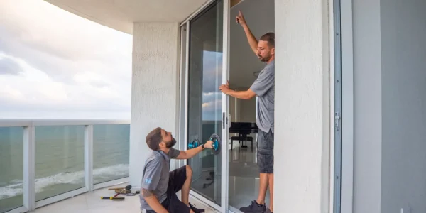 Two men are busy with a sliding door repair on a high-rise balcony overlooking the ocean. One kneels, working on the door, while the other stands, pointing at the doorframe. Tools and materials are scattered nearby, all set against a cloudy sky and ocean view.