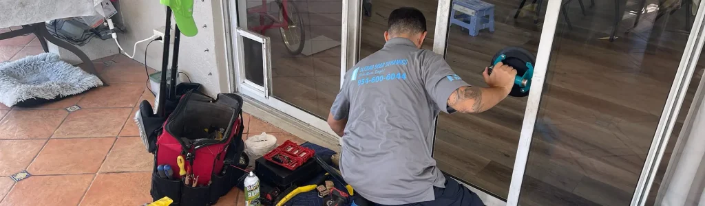 A man meticulously cleaning glass doors with a squeegee and cleaning solution on a balcony with terracotta tiles, possibly prepping for the best sliding door repair. He wears a gray shirt, dark pants, and blue shoe covers. Nearby are cleaning tools, a red bag, vacuum, and green cloth hung on the handle. Inside, furniture is visible.