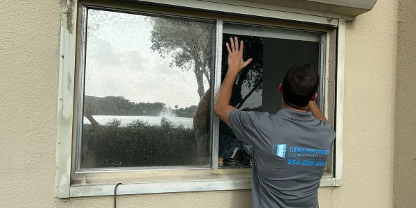 A person in a gray work shirt is adjusting a sliding window in a beige building, showcasing their expertise in patio door repair. Facing the window with trees and a lake visible through the glass, they have a toolkit on the windowsill. The shirt displays blue text and a phone number on the back.